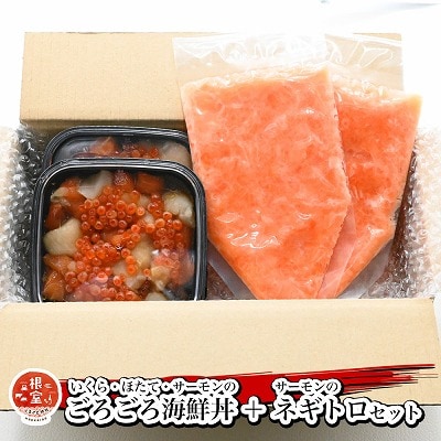 いくら・ほたて・サーモンのごろごろ海鮮丼2P・サーモンネギトロ2Pセット A-81028