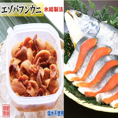 冷凍ウニ約20～30g×2P(赤系)・塩銀鮭切身3切(個包装)[11月上旬以降発送] A-71058