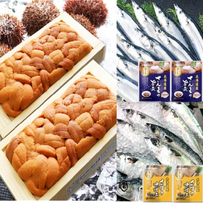エゾバフンウニ約100g×2折・さんま旨煮2P・さば味噌煮2P[10月下旬以降発送] F-71018