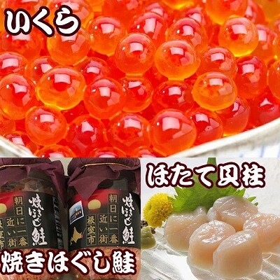 ほたて貝柱500g×4P、いくら醤油漬け100g×4P、鮭フレーク150g×3瓶 E-36004