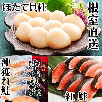ほたて貝柱200g×1P、甘塩紅鮭5切×5P、甘塩沖獲れ鮭5切×5Pセット C-70035