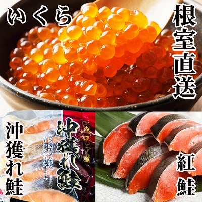 甘塩紅鮭5切×10P、甘塩沖獲れ鮭5切×10P、いくら醤油漬け100g×5P E-70002