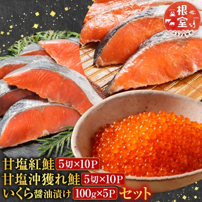 甘塩紅鮭5切×10P、甘塩沖獲れ鮭5切×10P、いくら醤油漬け100g×5P E-70002