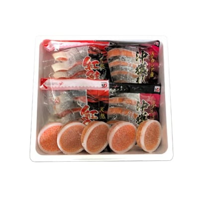 甘塩紅鮭5切×10P、甘塩沖獲れ鮭5切×10P、いくら醤油漬け100g×5P E-70002