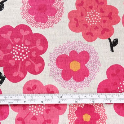 綿麻キャンバス 花柄(ピンク)　おしゃれでかわいいハンドメイドのリネン生地