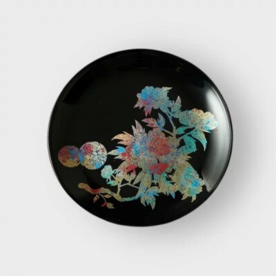 丸小皿　手毬牡丹　漆黒