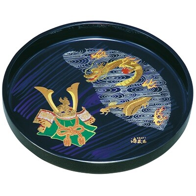 紀州漆器 丸盆 尺一  33cm 青杢目 雲龍兜
