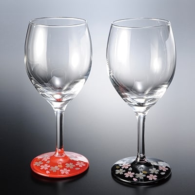 紀州漆器 ぬりもん de Verre ワイングラス 蒔絵 桜 黒 赤 ペア