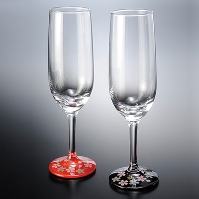 紀州漆器 ぬりもん de Verre シャンパングラス 蒔絵 桜 黒 赤 ペア