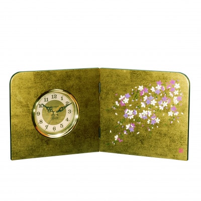 紀州漆器 木製漆芸 屏風時計 金箔貼 しだれ桜