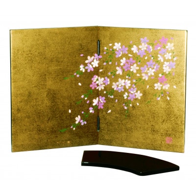 紀州漆器 木製漆芸 姫屏風 金箔 しだれ桜 花台付き