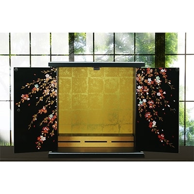 和歌山県海南市 紀州塗り ミニ仏壇 雅 小 しだれ桜 美しく描かれた蒔絵の世界。職人が創る雅な仏壇