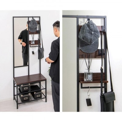 多機能ハンガーラックミラー付 ブラウン aku104491001