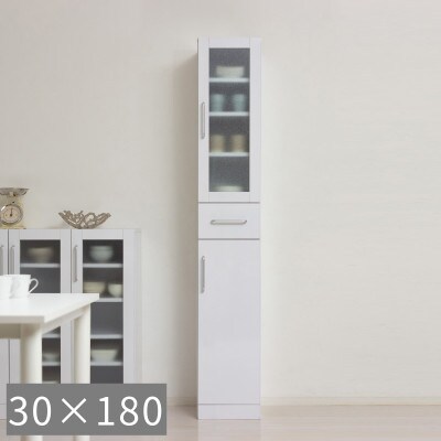 食器棚 幅30×高さ180 ホワイト ガラス扉 AKU1045057