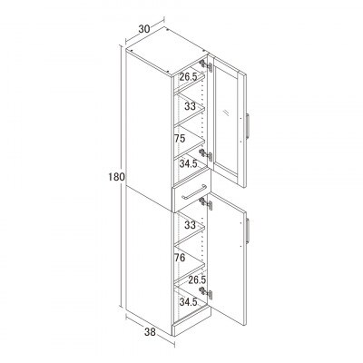食器棚 幅30×高さ180 ホワイト ガラス扉 AKU1045057