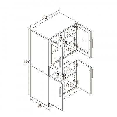 食器棚 幅60×高さ120 ホワイト ガラス扉 AKU1045058