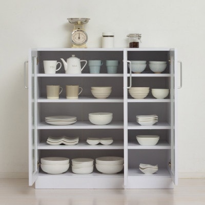 食器棚 幅89.5×高さ90  ホワイト ガラス扉 AKU1045059