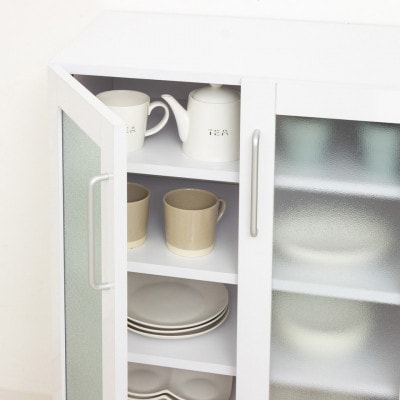 食器棚 幅89.5×高さ90  ホワイト ガラス扉 AKU1045059