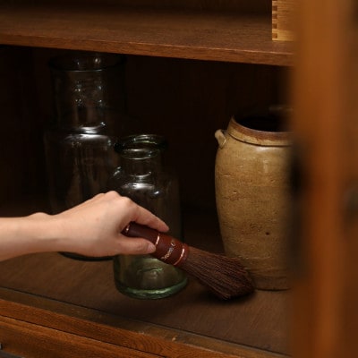 国産棕櫚手箒レザー ブラック 柿渋はりみ塵取り(穴あき)セット