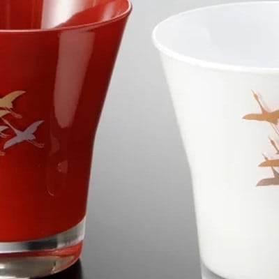 紀州塗り 【ぬりもん de Verre】 フリーグラス 「蒔絵/千羽鶴・紅白」ペアセット 210ml