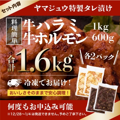 ヤマジュウの特選タレ漬け!牛ハラミ肉1kg&国産牛ホルモン600g