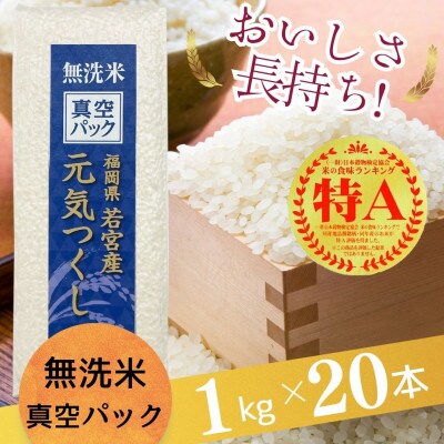 【無洗米】元気つくし 《真空パック》20kg(1kg×20本) 福岡県産(筑前町)