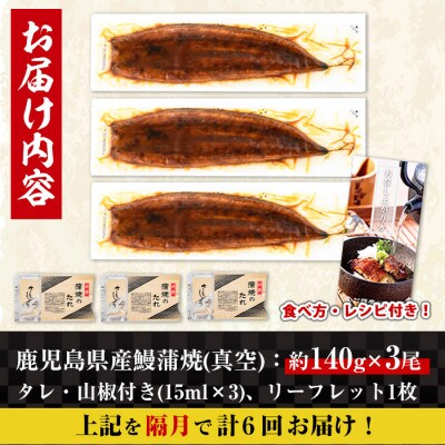 【2ヵ月毎定期便】鹿児島県産 鰻蒲焼3尾(1尾約140g×3尾)セット全6回