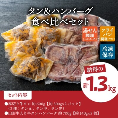 味付き厚切り牛タン3種食べ比べ計600gと山形牛入り牛タンハンバーグ 約700g セット
