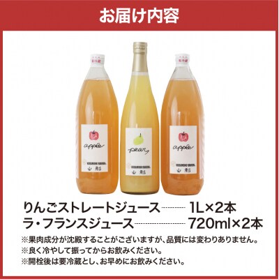 【果汁そのまま】手絞りりんごジュース(1L×2本)、ラ・フランスジュース(720ml×1本)セット