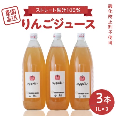 【保存料不使用・無水】手絞りりんごジュース(1L×3本)セット