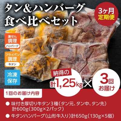 味付厚切り牛タン3種食べ比べ約600g/山形牛入り牛タンハンバーグ5個の牛タンづくし【3ヵ月定期便】
