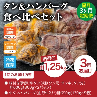 味付厚切り牛タン3種食べ比べ約600g/山形牛入り牛タンハンバーグ5個牛タンづくし【隔月3回定期便】