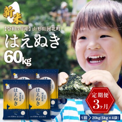 【令和5年産】※2023年12月中旬スタート※ はえぬき60kg(20kg×3ヶ月)定期便 山形県産
