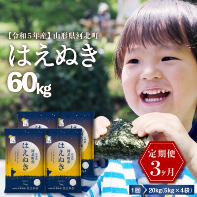 【令和5年産】※2024年2月中旬スタート※ はえぬき60kg(20kg×3ヶ月)定期便 山形県産