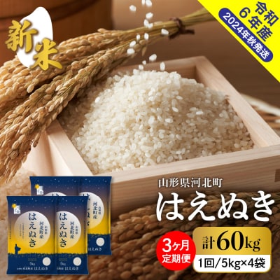 【令和6年産米】2024年12月上旬スタート はえぬき60kg(20kg×3ヶ月)定期便 山形県産