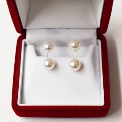 天草産 7.5-8mm 18K ホワイト ピンク あこや真珠 ピアス L字 ダブル_S085-205