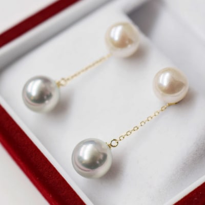 あこや真珠 7.5-8mm×8-8.5mm 18Kダブルパールピアス【K18YG】_S085-350