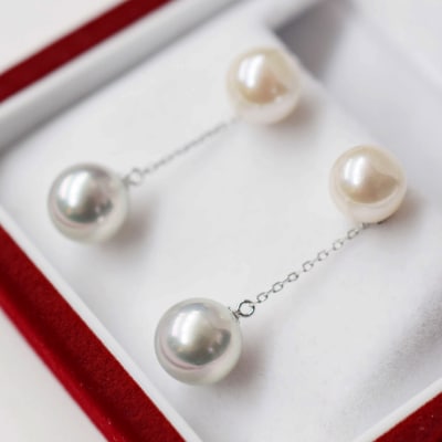 あこや真珠 7.5-8mm×8-8.5mm 18Kダブルパールピアス【K14WG】_S085-351