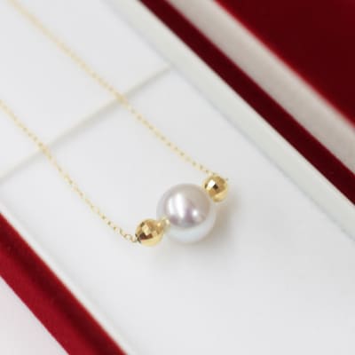 8.5-9mm あこや真珠 ネックレス 1粒 シリコン入りミラーボール K18YG_S085-371