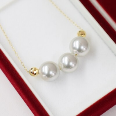 8-8.5mm 真珠 3連ネックレス シリコン入ミラーボール K18YG_S085-373-18YG