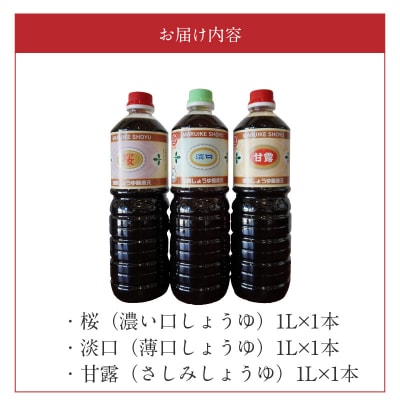 池崎しょうゆ醸造元 醤油 3本セット(濃い口、薄口、刺し身醤油)_S022-007