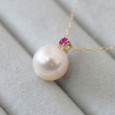 あこや真珠 ネックレス 8mm - 8.5mm ホワイトピンク ルビー K10YG_S085-554