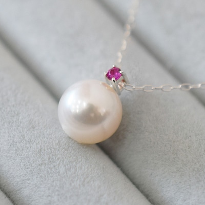 あこや真珠 ネックレス 8mm - 8.5mm ホワイトピンク ルビー K10WG_S085-555