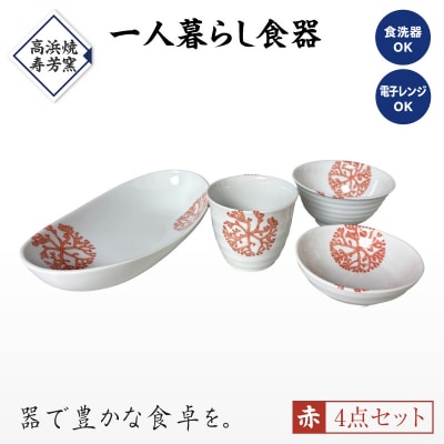 【赤】海松紋一人暮らし食器4点セット_S026-185
