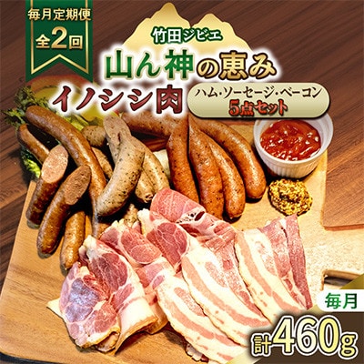 【毎月定期便】【竹田ジビエ】イノシシ肉　ハム・ベーコン・ソーセージ 5点セット(計460g)全2回