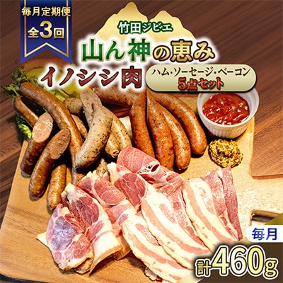 【毎月定期便】【竹田ジビエ】イノシシ肉　ハム・ベーコン・ソーセージ 5点セット(計460g)全3回