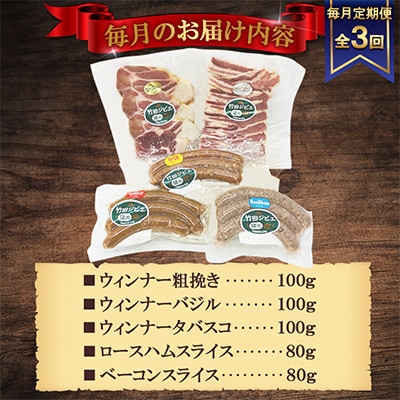 【毎月定期便】【竹田ジビエ】イノシシ肉　ハム・ベーコン・ソーセージ 5点セット(計460g)全3回