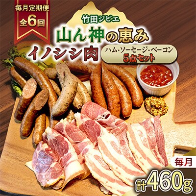 【毎月定期便】【竹田ジビエ】イノシシ肉　ハム・ベーコン・ソーセージ 5点セット(計460g)全6回