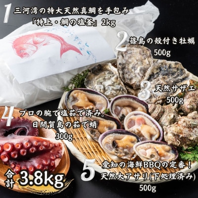 三河湾のご馳走・海鮮5種セット(鯛の塩釜、殻付き牡蠣、大アサリ、サザエ、日間賀島の茹で蛸)CAS冷凍