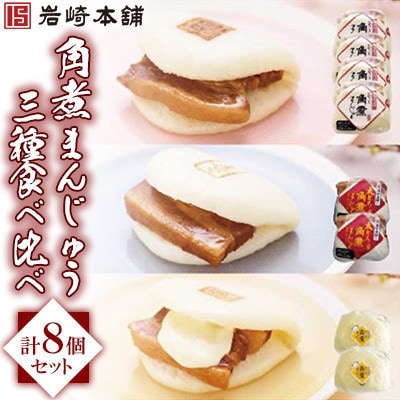 【毎月定期便】【岩崎本舗】角煮まんじゅう三種食べくらべセット(計8個)(対馬市)全3回